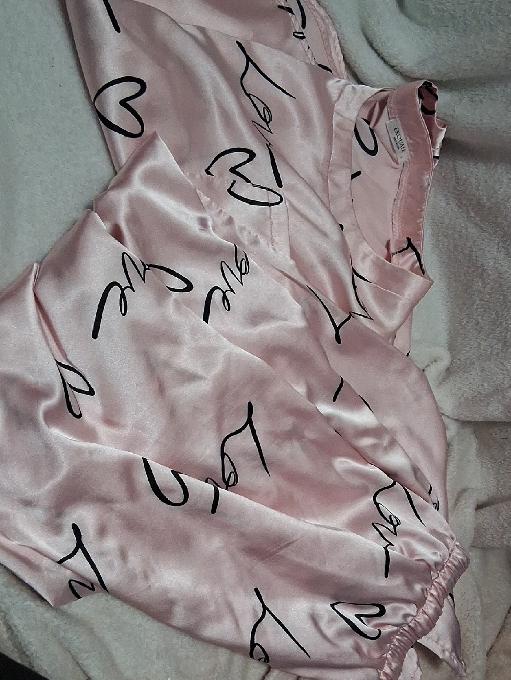 Romantic Pink Satin Sleep Top with Script Hearts